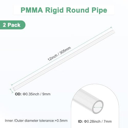 M METERXITY 2-Pack Clear Rigid Acrylic Pipe, 7mm[0.28"] ID x 9mm[0.35"] OD Plastic Round Tube for Water Cooling System/Lamps/Fountains/Aquariums/Display Stand, Acrylic Tubing [305mm/12IN] - size: 7mm ID x 9mm OD