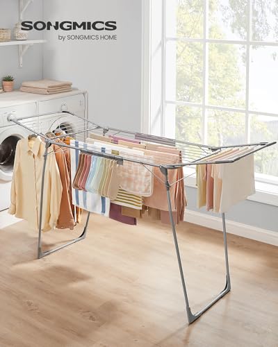 SONGMICS Clothes Drying Rack Foldable, Gullwing Laundry Drying Rack, Space-Saving, 22.2 x 68.1 x 38 Inches, Sock Clips, Metal Structure, for Clothes, Towels, Linens, Indoor, Outdoor Gray ULLR518G01 - color: Gray, style: 2 Gullwings（22.2"D)