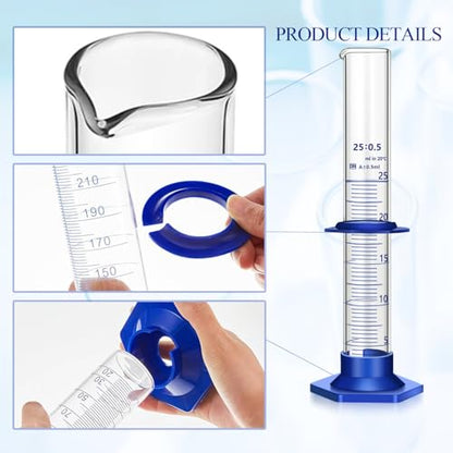 Thick Glass Graduated Cylinder Measuring Liquid Lab Cylinders with Anti-Falling Plastic Base and Bumper Guards and Cylinder Brush (Glass, 25ML) - size: 25ML