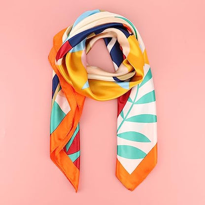 DRESHOW 35” Large Square Satin Head Scarf - 4Pcs Silk Accessories Classic Patterned Squares Beach Bandanas for Women - color: 4 Pcs: Orange, Burgundy, Lake Blue, Navy