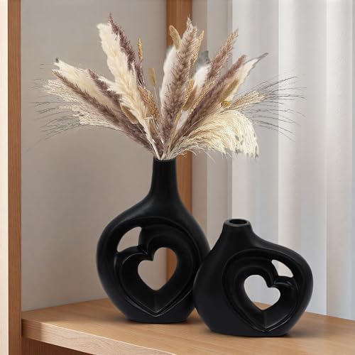 Matte Black Heart Shaped Hollow Ceramic Vase Set of 2 | Modern Minimalism Styles, Mid Century Nordic Aesthetic, Home Table Decor, 8.5in - color: Standard Black-01