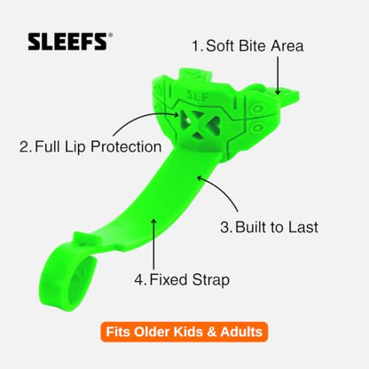 SLEEFS X Hot Green Football Mouth Guard - Lip/Mouthguard with Helmet Strap - Lip/Teeth Protector Mouthpiece - Moldable - for Youth/Adults, Men & Women Mouth Guard, Maximum Air Flow, All Sports - color: Hot Green