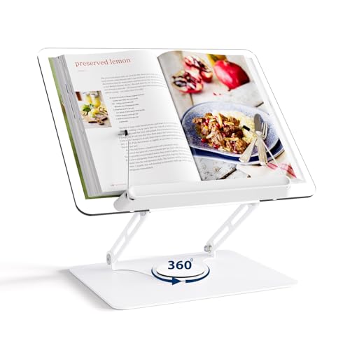 HAUTOCO Adjustable Acrylic Book Stand for Reading, 360° Rotating Base, Foldable Desktop Book Holder with Elastic Page Clips, Hands-Free Cookbook Stand for Laptop, Tablet, Recipe, Textbook, Music Score - color: White