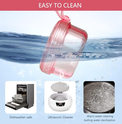 No Leak Non-Slip Denture Case with Strainer & Brush, for Retainer & False Teeth, Dishwasher Safe, Transparent Pink - color: Transparent Pink