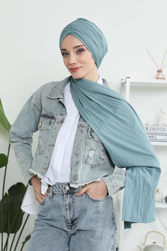 Aisha's Design Instant Hijab Scarves for Women, 95% Cotton Pretied Bonnet Turban Easy to Wear Cotton Headscarf - color: Dark Mint