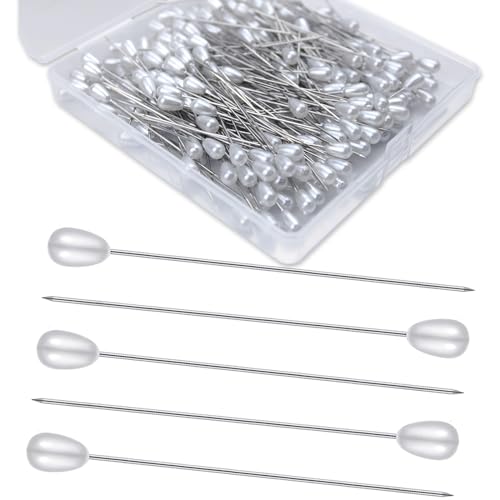 250PCS Teardrop Corsage Pins 2 Inches White Pearl Floral Flower Boutonniere Bouquet Straight Pins for Wedding Bridal Hair Accessories Jewelry DIY Decoration Craft Sewing Quilting