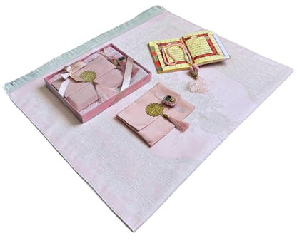 Prayer Mat Set for Women, Muslim Prayer Rug, Prayer Mat, Islamic Finger Counter, Prayer Beads, Surah Book with Bag, Islamic Gift Set for Ramadan & Eid (Pink)