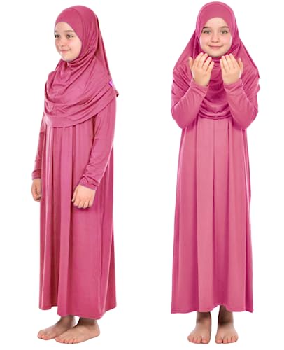 Prien Kids Prayer Dress Muslim Clothes for Girls Long Sleeve Abaya with Hijab Two Piece Maxi Islamic Set Scarf Kaftan Jilbab - color: Dusty Rose