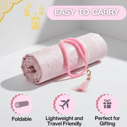 Muslim Prayer Rug with Islam Prayer Beads - Travel Prayer Mat, Islamic Gifts for Women, Portable Prayer Matt Islam, Islamic Prayer Rug Islam Men Women, Praying Mat for Muslim Gifts, Pink - color: Pink