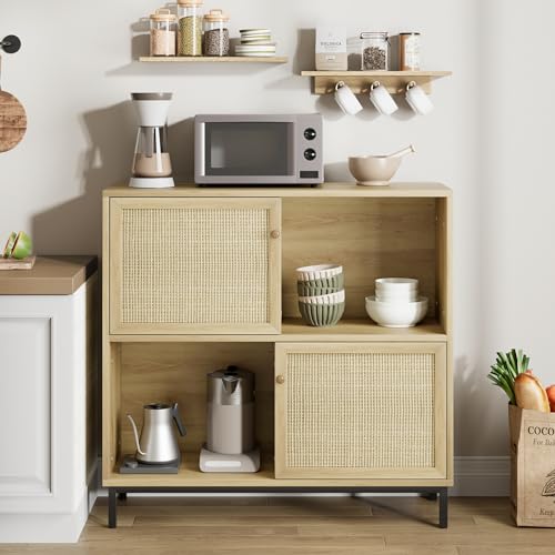 IDEALHOUSE Coffee Bar Cabinet, Rattan Buffet Cabinet with Storage, Wood Sideboard Cabinet with Sliding Door, Accent Cabinet for Kitchen, Dining Room, Living Room, Entryway, Natural Oak - color: Natural Oak…
