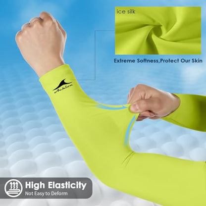Achiou Cooling Ice Silk Arm Sleeves, Summer UV Sun Protection Compression Sleeves UPF 50+ for Women Volleyball Youth Sports - color: 2 Pairs: 1pair Black,1 Pair Fluorescent Yellow