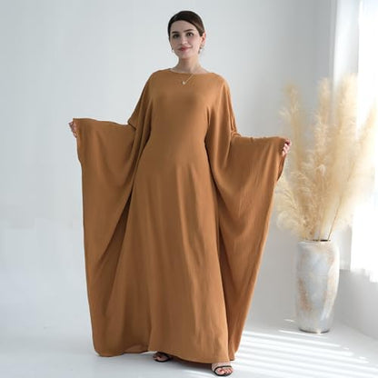 ODIZLI Abayas For Women Muslim Dubai Full Cover Kaftan Shirt Dress Batwing Sleeve Prayer Dress With Hijab - color: Brown + Hijab, size: Two