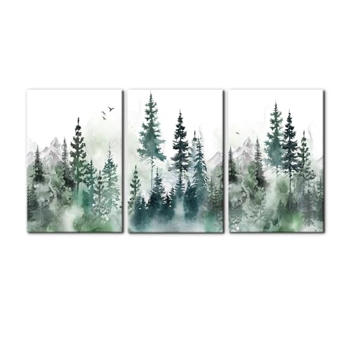 Pacimo Wall Art Misty Forest Green Mountain Painting on Canvas Wall Decorations for Living Room Stretched Framed Landscape Canvas Paintings 3 Piece Bedroom Wall Decor Office Home Decor - 16"x24"x3 - color: Wallart-04, size: 16"x24"x3 Panels