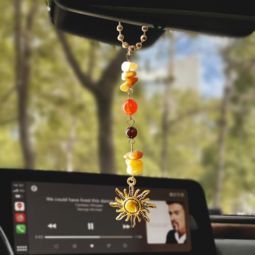 Sun Moon Car Charm Hanging, Boho Dangling Automotive Decor-Rear View Mirror Decoration with Handmade Healing Crystals Stones, Cute Interior Ornament Car Accessories - color: Sun Gold