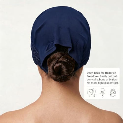ZLYC Hijab Cap for Muslim Women Soft Stretchy Open-Back Underscarf Hat Breathable Inner Hijab Undercap - color: Lace Navy