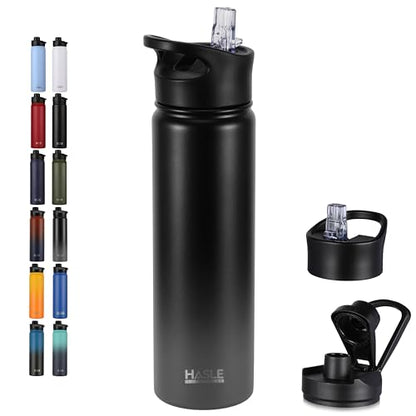 HASLE OUTFITTERS Insulated Water Bottle 22 oz Double Wall Stainless Steel Water Bottle Wide Mouth with Straw Lid & Spout Lid Keeps Cold or Hot(Black Gray Gradient,1) - color: Black Gray Gradient, size: 22 Ounces