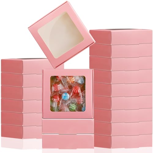 Zonon 30 Pcs Kraft Paper Boxes with Window 4.13 x 4.13 x 1.18 Inch Candy Packaging, Small Gift Boxes, Soap holder, Mini Treat Packaging for Bakery Chocolate Jewelry Display (Pink) - color: Pink