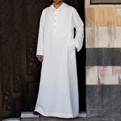 Ctreela Kaftan Thobe for Men Big And Tall Muslim Hooded Robe Mens Long Sleeve Caftan Thawb Islamic Ramadan Masjid Gown - color: White, size: Medium