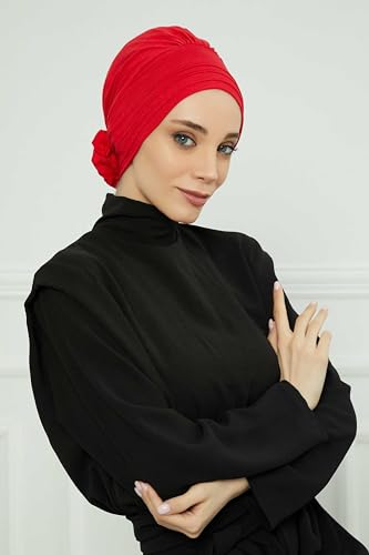 Aisha's Design Instant Turban Head Wraps for Women, Combed Cotton Scarf Lightweight Pre tied Hijab with Back Rose Detail - color: Red