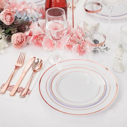 Supernal 200pcs Rose Gold Plastic Dinnerware included Disposable Flatware& Plastic Party Plates Disaposable Cups and Napkins,Perfect for Valentine's Day Mother's Day and Easter - color: 200pcs White and Rose Gold Plastic Dinnerware