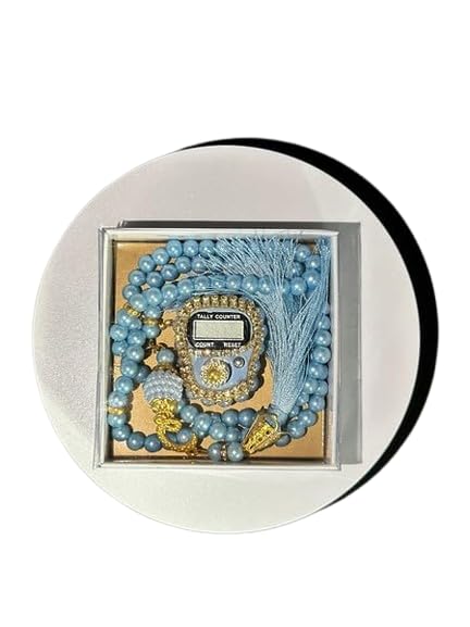 Islamic Holiday Decor Misbaha Tasbeeh & Counter Gift Set - Home Decoratives, Gifting Islam Ramadan Mubarak, Hajj, Muslim Allah Prayer Beads New Year for Women, Men, Kids, Child Birthday (Baby Blue) - color: Baby Blue