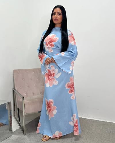 Women Butterfly Abaya Elegant Prayer Dress with Bell Sleeve, Waist Tie, Stylish Floral Printed Maxi Robe - color: Blue, size: Small