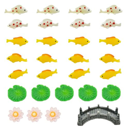 29Pcs Mini Koi Fish Lotus and Water Lily Pad Figurines Miniature Artificial Pond Accessories Resin Cake Toppers Set for DIY Micro Moss Landscape