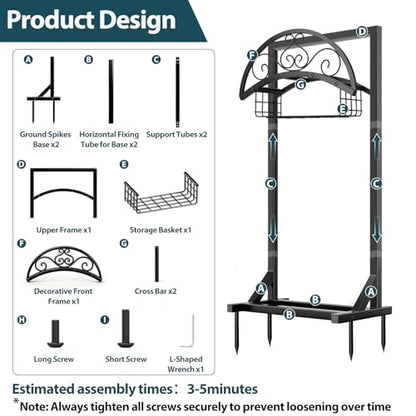 Garden Hose Holder Stand, BOLITE Metal Hanger with Storage Basket, 150ft | Heavy Duty, Freestanding Detachable, Water Hose Holder with Storage Basket, 4 Spikes, Storage Rack for Outside Yard Lawn Farm - style: Freestanding with Bracket