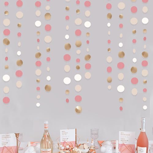 Champagne Gold Dusty Pink Decorations Circle Dots Garland Gold Pink Nude Neutral Cream White Boho Hanging Polka Dot Streamer for Bridal Shower Birthday Wedding Engagement Party Supplies - color: Champagne Gold Dusty Pink