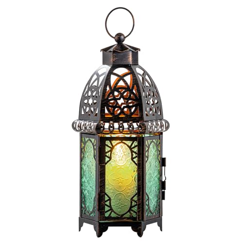 Vintage Candle Lantern, 12.8’’ Moroccan Style Decorative Metal Hanging&Tabletop Lantern, Ramadan Christmas Candle Holder Decorations for Home Outdoor Patio (Green) - color: Green - 12.8''h, size: Large
