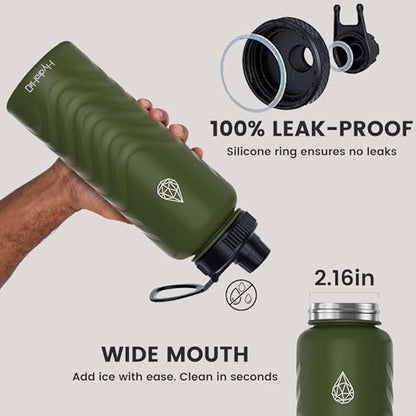 32oz Stainless Steel Insulated Water Bottle, 48H Ice Cold & 24H Hot, Leak-Proof Wide Mouth Lids (Straw & Spout), BPA-Free Bottles, Mens Water Bottle for Gym, Hiking, Travel - Green - color: Green, size: 32 Ounces