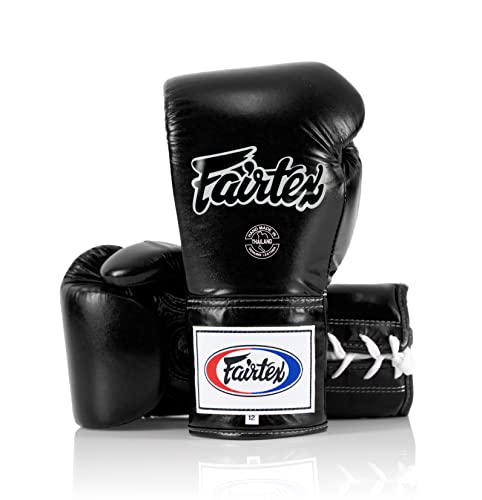 Fairtex BGL6 Handmade Leather Gloves| Optimal fist Closure with a Locked-Thumb Design| Premium Leather |Triple-Layered Foam |Lace-up Closure. Ideal for Boxing, MMA, and Kickboxing. - color: Black, size: 12 oz