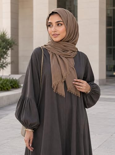 Cotton Linen Plain Hijab Scarf For Women,Muslim Viscose Crinkle Edge With Fringe,Summer Beach Wrap Headwraps Shawl - color: 34#camel