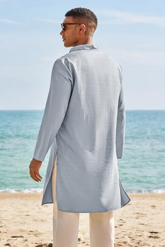 Runcati Mens Kaftan Thobe Textured Henley Shirt Long Sleeve Robe Casual Muslim Gown Shirt - color: Light Grey, size: XX-Large