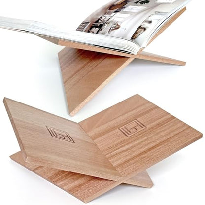 Large Wood Book Stand, 12.5" x 9.5" x 5.5”, Angled Natural Mahogany Wooden Book Holder, Open Bookstand for Display and Reading, Cookbooks, Art Books, Bibles, Magazines - Home and Office - color: Natural Wood, size: Large