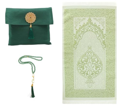Prien Muslim Prayer Rug with Tasbih and Portable Bag, Muslim Gift for Women Men, Mubarak Islamic Box, Soft Mat Islam Gifts Set, Turkish Sajadah for Ramadan, Eid, Hajj, Travel, Pray (Emerald) - color: Emerald