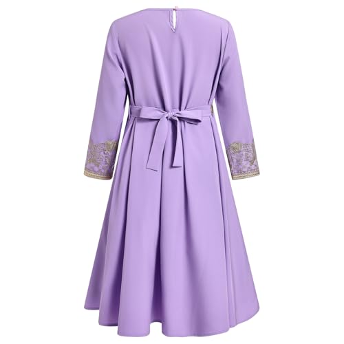 FYMNSI Kids Girls Muslim Abaya Dress Modest Lace Belted Prayer Dress Islamic Maxi Robe Kaftan Ramadan Arabian Dubai Clothes - color: Purple, size: 6-7 Years