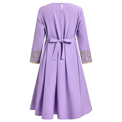 FYMNSI Kids Girls Muslim Abaya Dress Modest Lace Belted Prayer Dress Islamic Maxi Robe Kaftan Ramadan Arabian Dubai Clothes - color: Purple, size: 6-7 Years