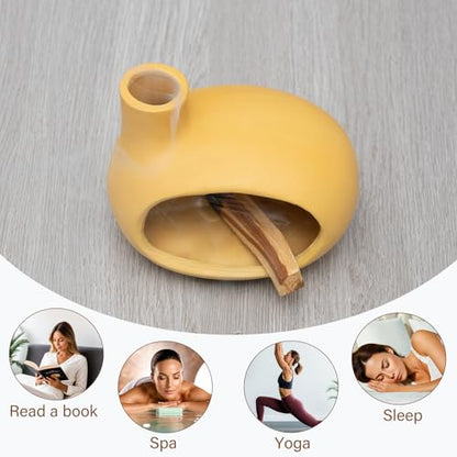 MOUGIGI Yellow Palo Santo Holder with Chimney–Mini Fireplace Incense Burner for Sage Burning, Wood Sticks, Cones&Tealights-Handcrafted Ceramic Smudge Bowl,Aromatic Incense Burner-Yoga Meditation Gift - color: Matte Clay -Yellow