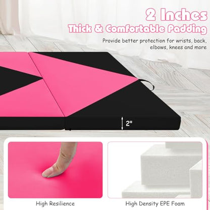 Goplus Gymnastics Mat, Folding Tumbling Mat with Carry Handles, Hook & Loop Fasteners, 4 Panels for Fitness Exercise Yoga Stretching Aerobics Workouts, Thick Gym Mats for Home - color: Rose&Black
