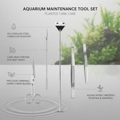 Aquarium Maintenance Tool Set - 430 Stainless Steel Long Reach Scissors, Tweezers & Sand Shovel for Fish Tanks - size: 18.9 x 1.97 x 1.97 in