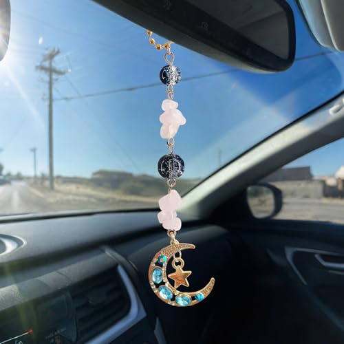 Sun Moon Car Charm Hanging, Boho Dangling Automotive Decor-Rear View Mirror Decoration with Handmade Healing Crystals Stones, Cute Interior Ornament Car Accessories - color: Blue Moon