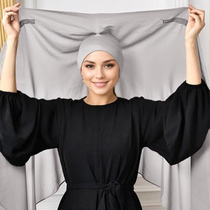 Instant Hijab Set 3-in-1 Chiffon Hijab Scarf for Women with Built-in Magnets and Undercap Head Wraps - color: Light Grey