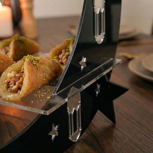 Iwa Concept 3-Tier Acrylic Ramadan Serving Tray | Crescent Moon & Star Design | Elegant Dessert & Nut Presentation Stand for Iftar and Eid Celebrations - color: Black Gold