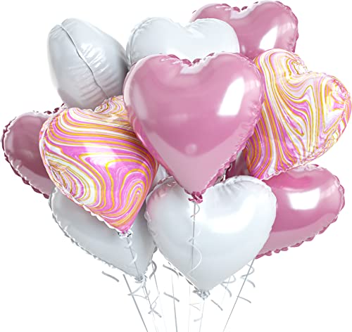 Pink Agate Heart Balloons, 10 Pcs White Foil for Valentine Girls Birthday - color: Glossy-pink White Agate