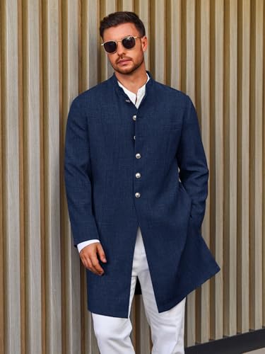 Runcati Mens Kurta Coats Indian Mandarin Collar Attire Ethnic Outfits Wedding Festive Party Clothing Casual Kaftan Robe - color: Navy, size: Large
