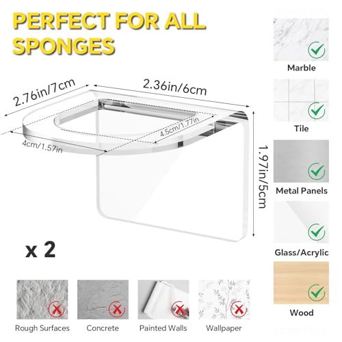 NiHome Sink Brush Holder Clear Acrylic 2 Pack, Adhesive Kitchen Organizer | Durable Design Mounts in Seconds—Fits Scrub & Dish Brushes. Sleek Clear Caddy for Any Sink Type. No Drilling Needed.
