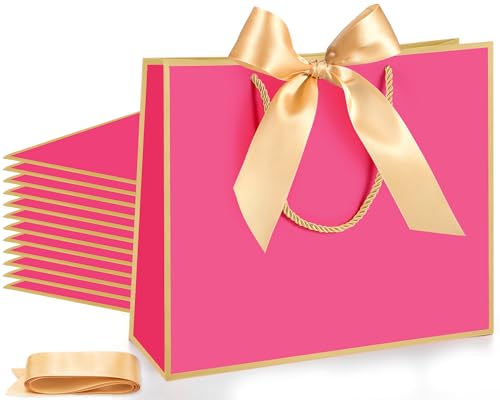 Silkfly 12 Pcs Paper Gift Bags with Handles & Bow Ribbon, Hot Pink, Gold - color: Hot Pink, Gold