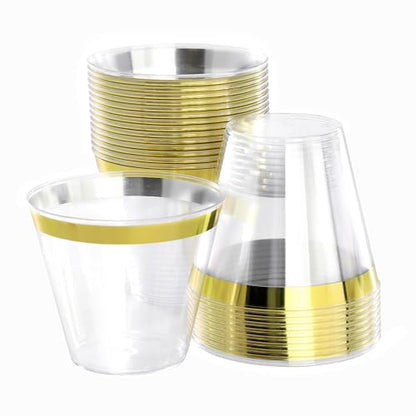 Elama 150 Piece Disposable Plastic Dinnerware Party Set for 25 Guests in White with Gold Trim - color: Gold