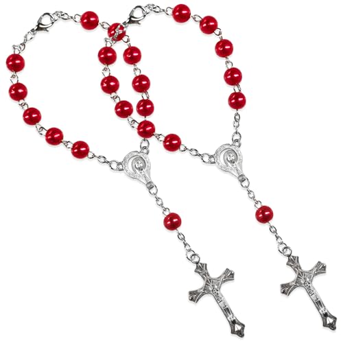 2 PCS Rosary for Rearview Mirror, Religious Cross Bead & Medal Car Rear View Mirror Hanging Ornament, Personalized Rosary Pendant Christian Auto Decoration for Women Men (Red) - color: Red